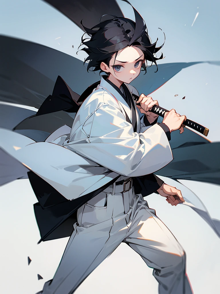 short hair、Black Hair、White Uniform、(Black trousers)、Forehead、Japanese sword、Otoku worries too