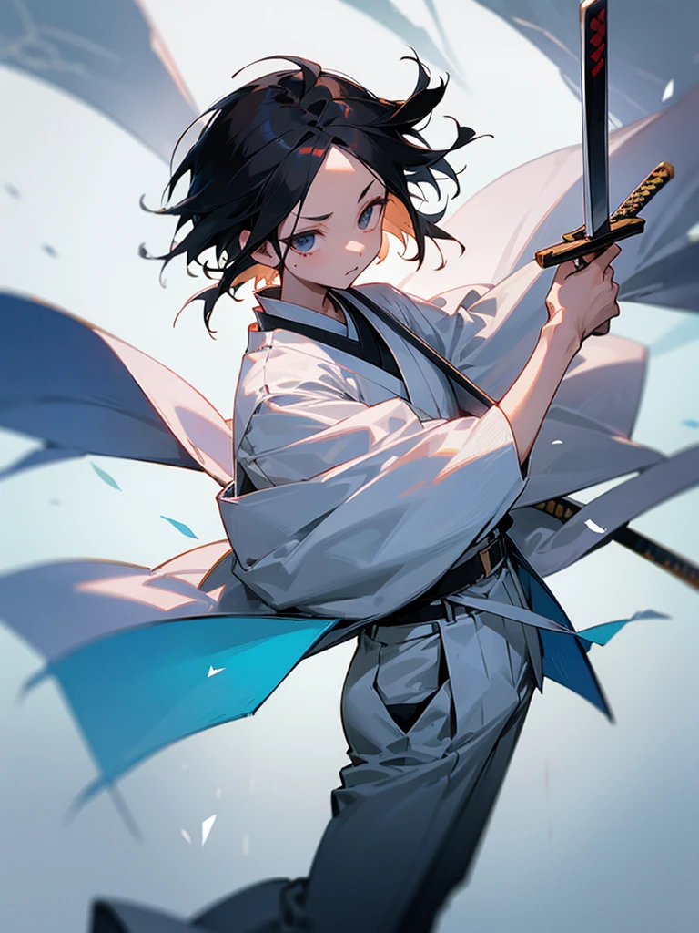 short hair、Black Hair、White Uniform、(Black trousers)、Forehead、Japanese sword、Otoku worries too
