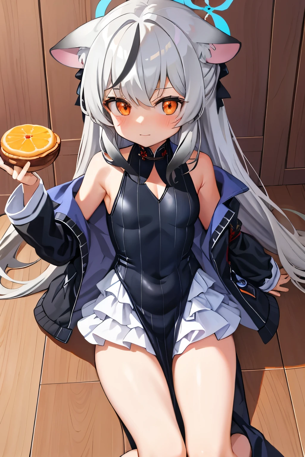 tmasterpiece， best qualtiy， ultra - detailed， 1girll，Gray hair Kokona， inside in room， Orange eye， ：3，the face,  closeup cleavage,  Winter suit, winter wonder