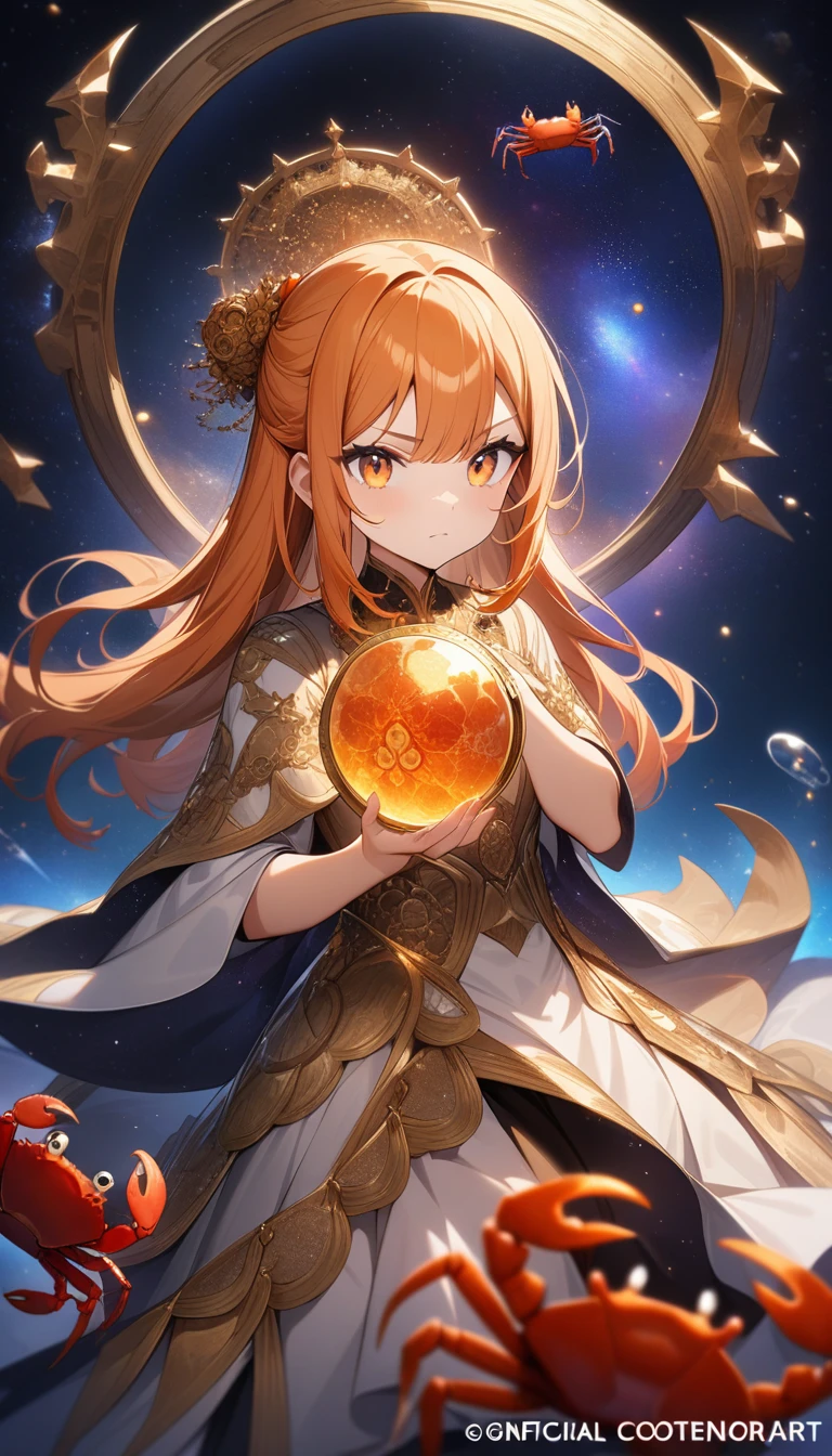 Practical, (masterpiece, Top quality, best quality, Official Art, beautiful and aesthetic: 1.2), Very detailed, Fractal Art, rich and colorful, Most detailed, Crab，Cancer, (Space Background: 1.5), (1 Girl: 1.3), (cute), orange hair,Bright Eyes, serious, Comb back, Long hair, Clothes cover the chest，Crab, huge magical gold Cancer astrolabe, Dream, fantasy, Gold trim,Crab，Beautiful and detailed constellations, Style and Decoration for Cancer,Cancer女神 (National Foundation:0.8), Delicate reflective high glass guardrail panel，