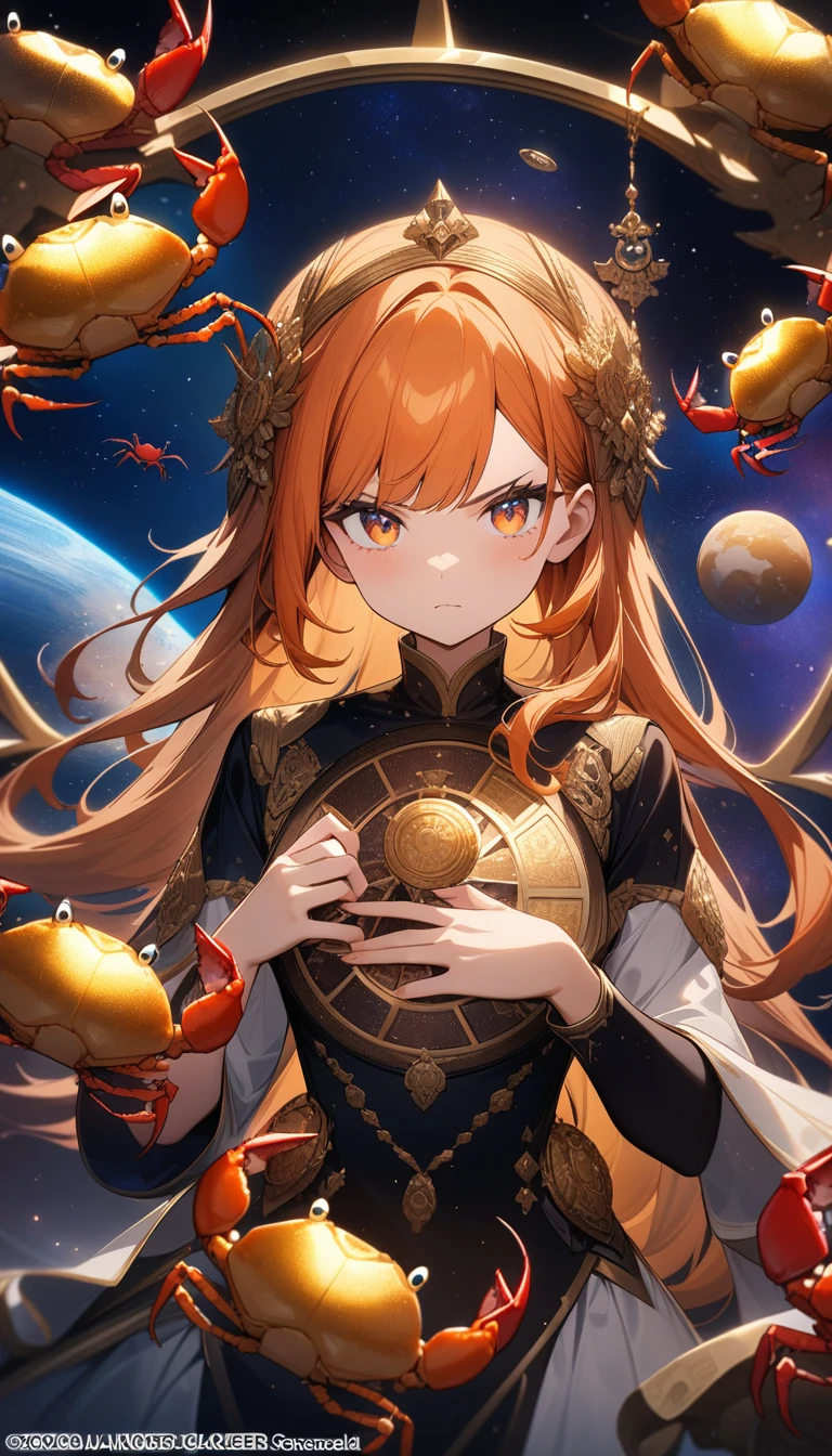 Practical, (masterpiece, Top quality, best quality, Official Art, beautiful and aesthetic: 1.2), Very detailed, Fractal Art, rich and colorful, Most detailed, Crab，Cancer, (Space Background: 1.5), (1 Girl: 1.3), (cute), orange hair,Bright Eyes, serious, Comb back, Long hair, Clothes cover the chest，Crab, huge magical gold Cancer astrolabe, Dream, fantasy, Gold trim,Crab，Beautiful and detailed constellations, Style and Decoration for Cancer,Cancer女神 (National Foundation:0.8), Delicate reflective high glass guardrail panel，