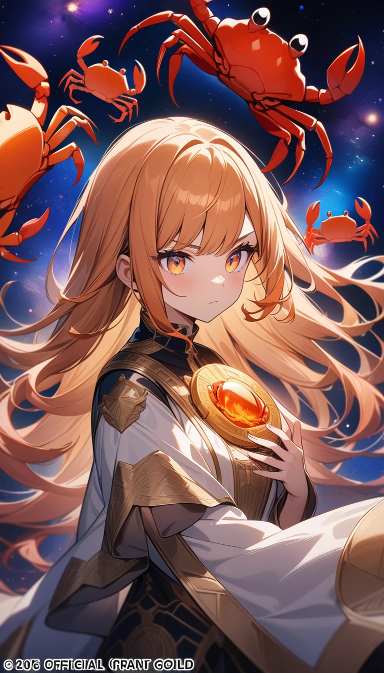 Practical, (masterpiece, Top quality, best quality, Official Art, beautiful and aesthetic: 1.2), Very detailed, Fractal Art, rich and colorful, Most detailed, Crab,Cancer, (Space Background: 1.5), (1 Girl: 1.3), (cute), orange hair,Bright Eyes, serious, Comb back, Long hair, Clothes cover the chest,Crab, huge magical gold Cancer astrolabe, Dream, fantasy, Gold trim,Crab,Beautiful and detailed constellations, Style and Decoration for Cancer,Cancer女神 (National Foundation:0.8), Delicate reflective high glass guardrail panel,