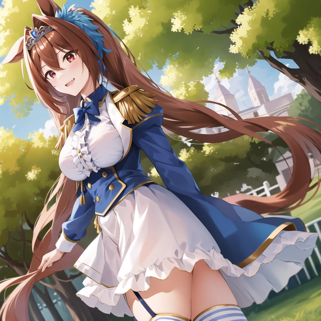 masterpiece, best quality, highres, 1girl, daiwa scarlet (umamusume), horse ears, long hair, twintails, tiara, horse tail, very long hair, brown hair, epaulettes, garter straps, long sleeves, large breasts, fang, red eyes, bowtie, bangs, puffy sleeves, blue jacket, white thighhighs, center frills, white shirt, hair between eyes, white skirt, blue skirt, hair bow, standing, field, outdoors, smile, from side,