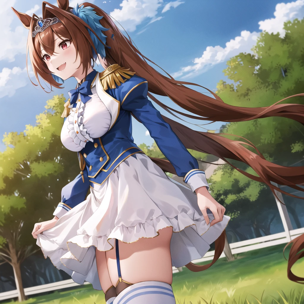 ((Masterpiece, 8k, High quality)), (adult female), (orange eyes), (((long brown hair))), ((Squirrel ears)), ((Medium bust, hips wide open)), ((wearing white stockings)), (((Wearing silver armor))), ((blue skirt)), ((eyes wide open, smile a little)), ((single woman)), body lines are very เพศy, Crotch wide open, The pointed shape is clearly visible., Can see areola, The pubic area is clearly visible., Crotch wide open, Wet and stuck underwear, legs wide open,