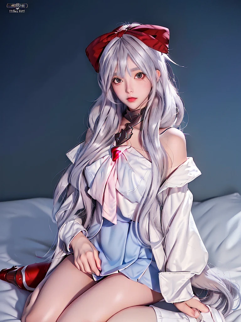 (masterpiece:1.1), (details:1.1), ((1girl)), (8k), medium breasts, long silver hair anime girl, perfect platinum hair girl, sexy anime girl, she platinum haired girl, beautiful anime girl, photorealistic anime, realistic young anime girl, surreal anime, realistic 3 d anime style, attractive anime girl, smooth anime cg art, anime girl, beautiful anime woman, silver hair, (brown eyes), (red bow), (cute face) ), pink cheeks, (detailed face), (detailed eyes), (looks like sinestrea Arena of valor), (sinestrea from Arena of valor), (beautiful face), full body shot, white skin, (left eye blue), (right eye brown), (oversized hoodie), oversized_hoodie_e, (Short skirt), sitting on the ground, (red bow)