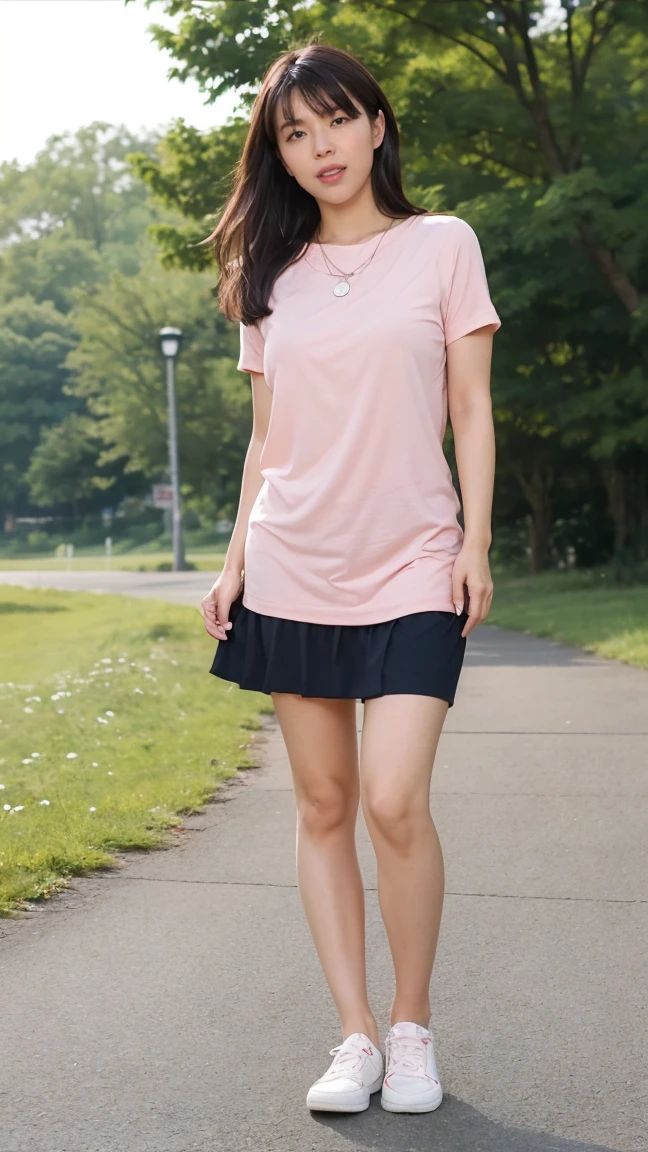 (((8K、High resolution、Highest quality、High resolution)))alone、Natural body shape、White skin、Natural Makeup、Black Hair、bangs、 Long Hair、(Big Breasts),Looking into the camera、Outdoor,(Business look), Violet short sleeve V-neck, Formal blue tight skirt,mini skirt , necklace、((Full body photo)),(((sweat, blush, narrow eyes, open mouth)))