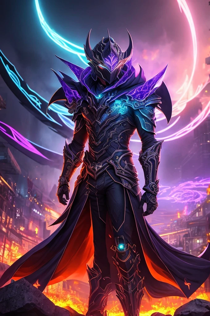 A mythical Kraken ninja stands poised in a neon-lit, dystopian metropolis, rendered in stunning 4K resolution, blending ancient legend with futuristic cyberpunk flair. The ninja's ornate, high-tech armor glows with a mesmerizing iridescent sheen, as intricate circuitry and glowing accents dance across the metallic surface. The dragon's scales shimmer in hues of indigo, violet, and electric blue, while neon accents pulse in fiery oranges and greens, casting an otherworldly glow across the surrounding urban landscape, exuding a sense of cutting-edge, cinematic grandeur. A figure shrouded in black and purple mist stands surrounded by flames in the darkness. This mysterious being exudes an aura of danger and intrigue, with sharp features and captivating eyes. The cloak billows around them, adding to their mysterious presence. This image could be a stunning painting, rich in detail and vivid colors. Every aspect of the figure is meticulously crafted, from the swirling mist to the fiery backdrop, creating a truly captivating and high-quality piece of artwork.