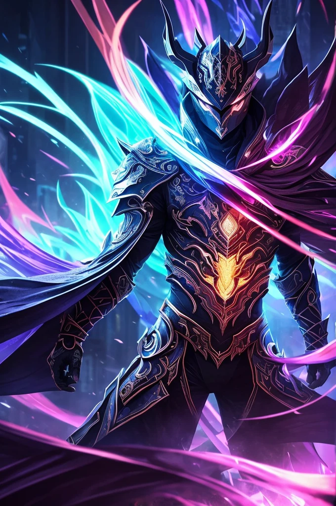 A mythical Kraken ninja stands poised in a neon-lit, dystopian metropolis, rendered in stunning 4K resolution, blending ancient legend with futuristic cyberpunk flair. The ninja's ornate, high-tech armor glows with a mesmerizing iridescent sheen, as intricate circuitry and glowing accents dance across the metallic surface. The dragon's scales shimmer in hues of indigo, violet, and electric blue, while neon accents pulse in fiery oranges and greens, casting an otherworldly glow across the surrounding urban landscape, exuding a sense of cutting-edge, cinematic grandeur. A figure shrouded in black and purple mist stands surrounded by flames in the darkness. This mysterious being exudes an aura of danger and intrigue, with sharp features and captivating eyes. The cloak billows around them, adding to their mysterious presence. This image could be a stunning painting, rich in detail and vivid colors. Every aspect of the figure is meticulously crafted, from the swirling mist to the fiery backdrop, creating a truly captivating and high-quality piece of artwork.