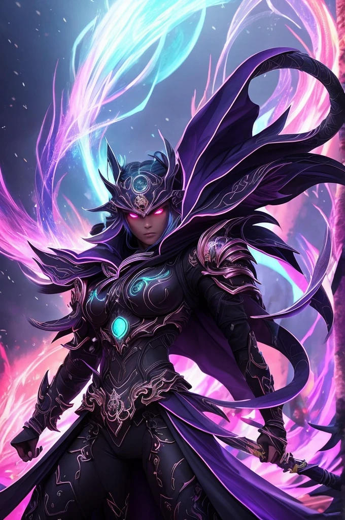 A mythical Kraken ninja stands poised in a neon-lit, dystopian metropolis, rendered in stunning 4K resolution, blending ancient legend with futuristic cyberpunk flair. The ninja's ornate, high-tech armor glows with a mesmerizing iridescent sheen, as intricate circuitry and glowing accents dance across the metallic surface. The dragon's scales shimmer in hues of indigo, violet, and electric blue, while neon accents pulse in fiery oranges and greens, casting an otherworldly glow across the surrounding urban landscape, exuding a sense of cutting-edge, cinematic grandeur. A figure shrouded in black and purple mist stands surrounded by flames in the darkness. This mysterious being exudes an aura of danger and intrigue, with sharp features and captivating eyes. The cloak billows around them, adding to their mysterious presence. This image could be a stunning painting, rich in detail and vivid colors. Every aspect of the figure is meticulously crafted, from the swirling mist to the fiery backdrop, creating a truly captivating and high-quality piece of artwork.