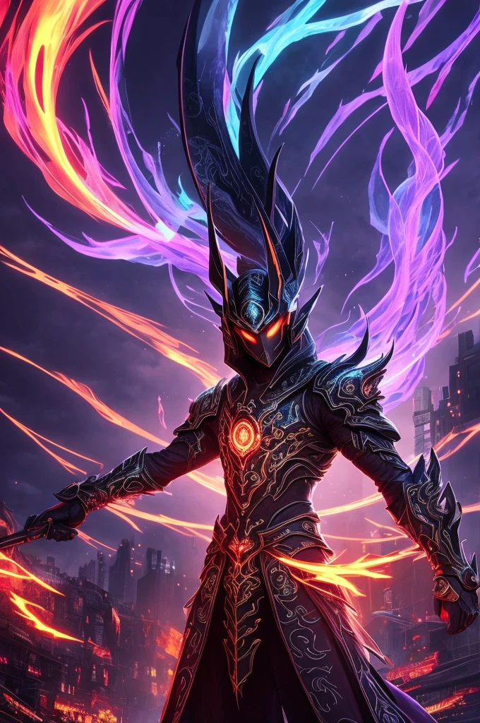 A mythical Kraken ninja stands poised in a neon-lit, dystopian metropolis, rendered in stunning 4K resolution, blending ancient legend with futuristic cyberpunk flair. The ninja's ornate, high-tech armor glows with a mesmerizing iridescent sheen, as intricate circuitry and glowing accents dance across the metallic surface. The dragon's scales shimmer in hues of indigo, violet, and electric blue, while neon accents pulse in fiery oranges and greens, casting an otherworldly glow across the surrounding urban landscape, exuding a sense of cutting-edge, cinematic grandeur. A figure shrouded in black and purple mist stands surrounded by flames in the darkness. This mysterious being exudes an aura of danger and intrigue, with sharp features and captivating eyes. The cloak billows around them, adding to their mysterious presence. This image could be a stunning painting, rich in detail and vivid colors. Every aspect of the figure is meticulously crafted, from the swirling mist to the fiery backdrop, creating a truly captivating and high-quality piece of artwork.