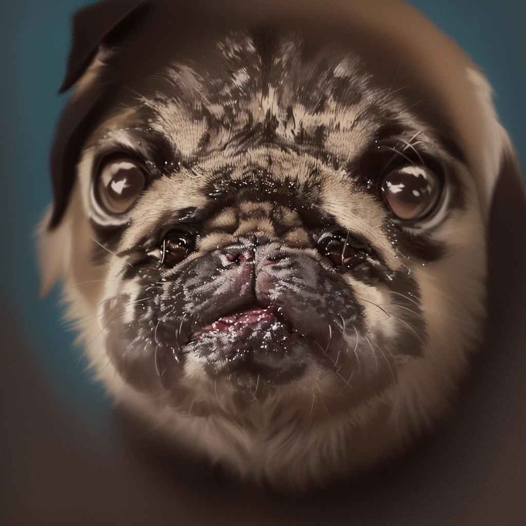 there is a small Pug dog with a collar on looking at the camera, Pug-faced, Pug, closeup of an adorable, evil Pug, Cute big eyes, Close-up portraitショット, Looking into the camera, Close-up head shot, Look up at the camera, Close-up portrait, huge adorable eyes, Look straight into the camera, Look up at the camera