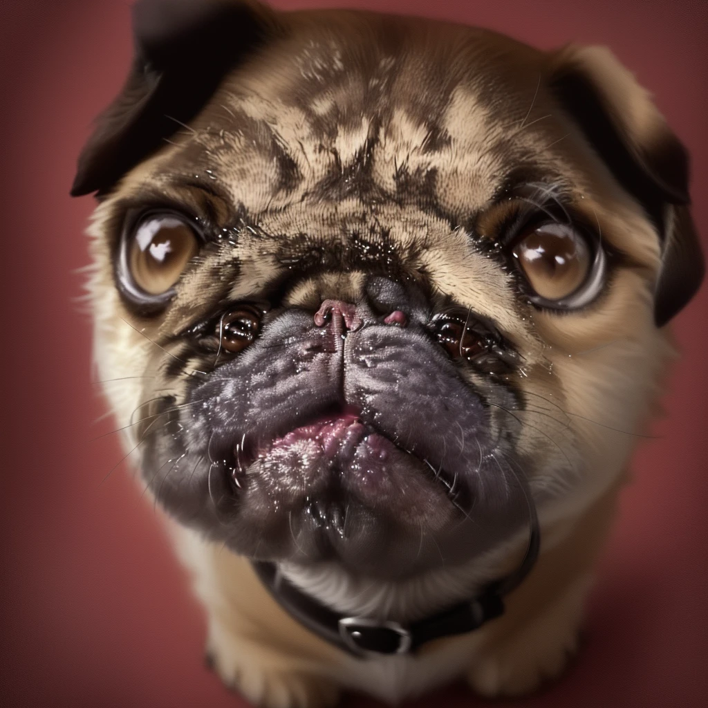 there is a small Pug dog with a collar on looking at the camera, Pug-faced, Pug, closeup of an adorable, evil Pug, Cute big eyes, Close-up portraitショット, Looking into the camera, Close-up head shot, Look up at the camera, Close-up portrait, huge adorable eyes, Look straight into the camera, Look up at the camera