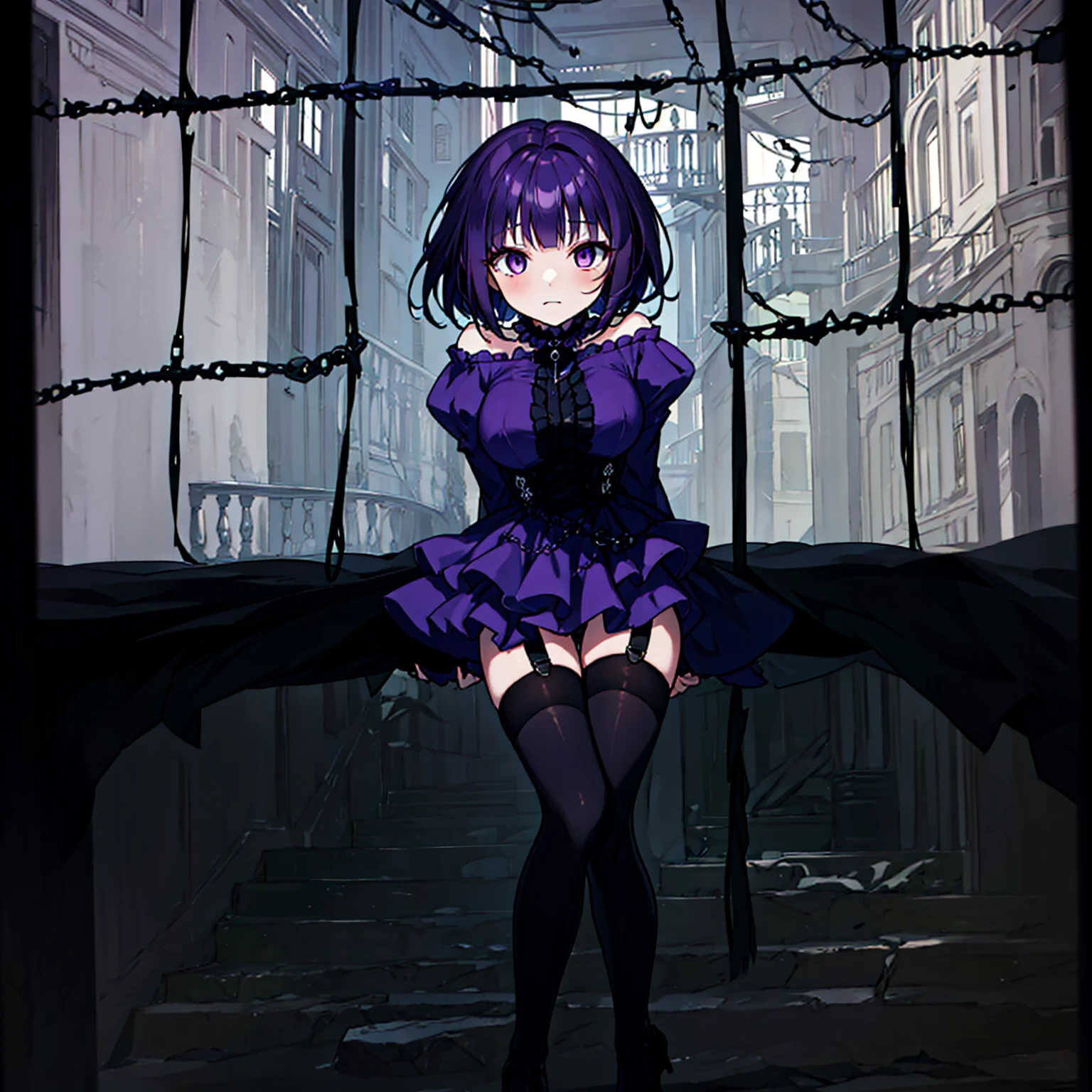 (solo), (1 skinny short girl:1.2), in the dark hall of mansion, (midnight), purple eyes over hair, Gothic ta, arms behind back, BREAK, (black short hair), (bursting large breasts), (bouncing breasts:1.1), pale white skins, (skinny narrow waist), skinny legs, BREAK, (frilled layered black short dress), (frilled black cape), close chest, frilled long sleeve, show off thigh gap, (frilled black thighhighs:1.1), stiletto heels, BREAK, sad face, orgasm, coverd erectile nipples