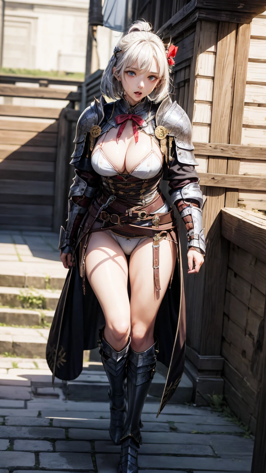 8K quality、High resolution、female knight、Realistic skin texture、、High resolutionの肌、Silver Hair、Unkempt shorthair、thin、Small and young breasts、Open the mouth to reveal a realistic tongue、Beautiful cleavage、blue eyes、thin脚、Mole on mouth、、Full Body Shot、Wetting、Peeing runs down my legs and onto the floor、Leather Armor、Light clothing、Bow and Arrow