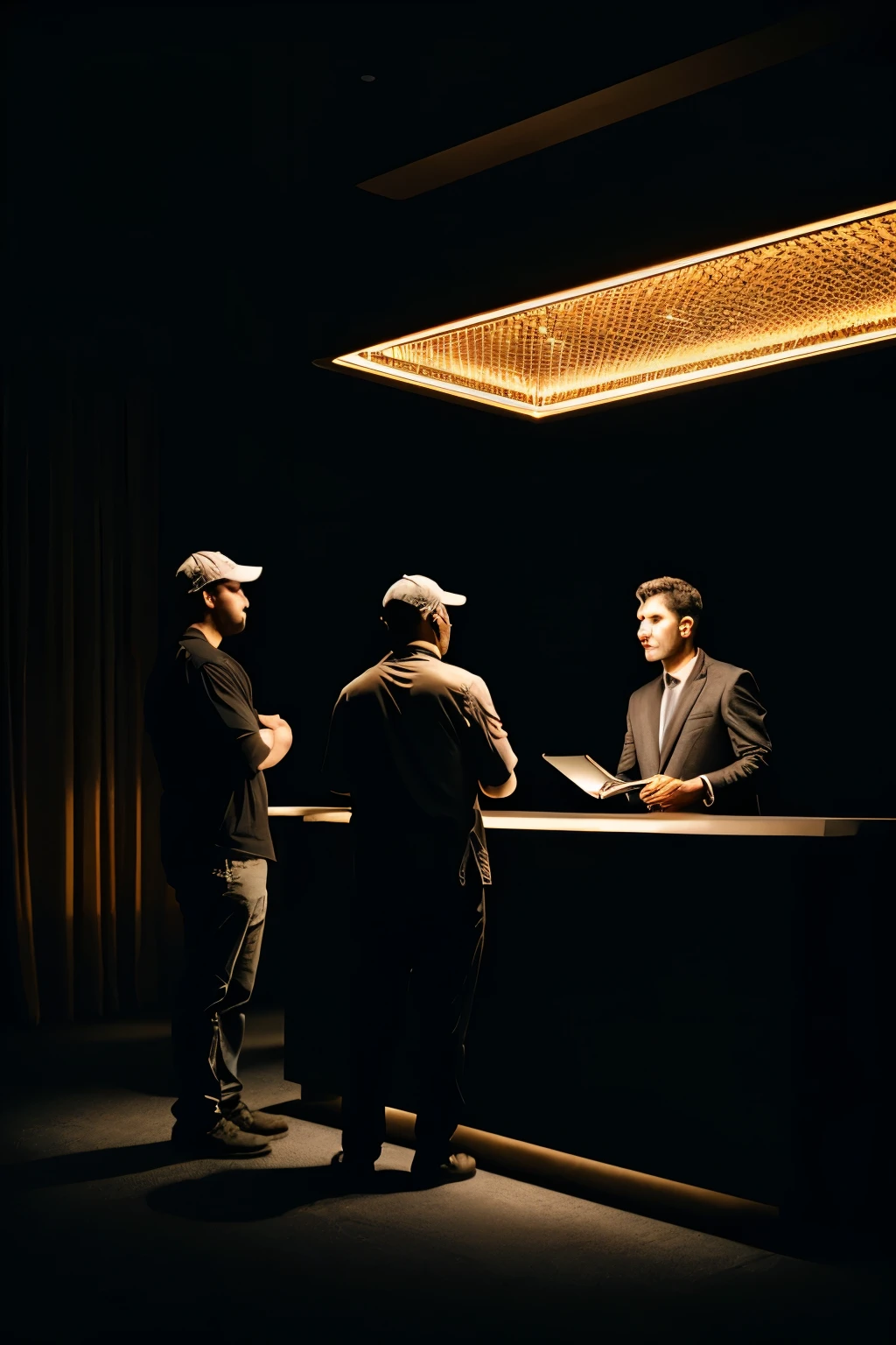 a group of workers carrying a large black box to a hotel reception, the receptionist looks surprised as news of the discovery spreads quickly among the curious guests, highly detailed, intricate, cinematic lighting, photorealistic, 8k, award winning photography, dramatic lighting, cinematic composition, masterpiece, hyper realistic, ultra-detailed, sharp focus, physically-based rendering, vivid colors, professional, dramatic lighting, chiaroscuro lighting, moody atmosphere