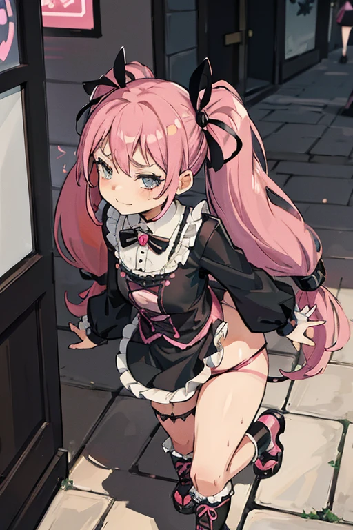 Young girl with pink hair, long twintail hairstyle, small bushy eyebrows, wearing gothic ta clothes, loli(Zankuro) drawing style by zankuro artist, Zancrow style, image uploaded in R34, walking in the mall, flirty smile , suddenly having sex in public, ((doggy style sex)), ((public sex in a street)) naked ass in the male crotch, perfect anatomy, view from above