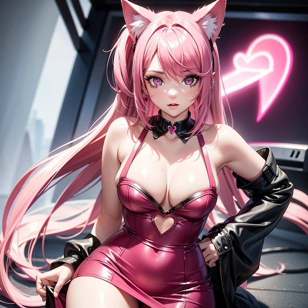 Hot pink hair, pink eyes, dress, cat ears, sexy girl, earrings, heart background fantasy, Hispanic