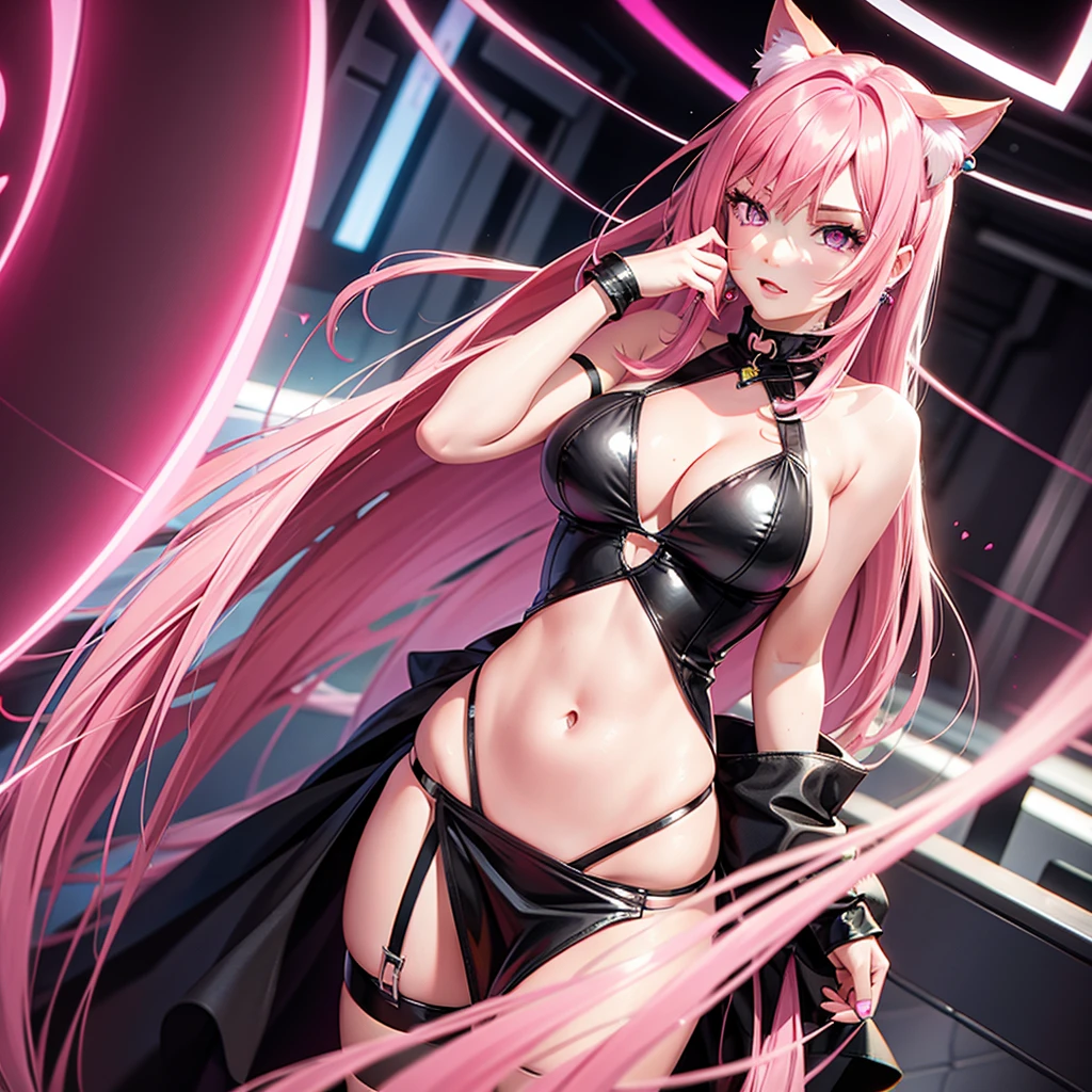 Hot pink hair, pink eyes, dress, cat ears, sexy girl, earrings, heart background fantasy, Hispanic