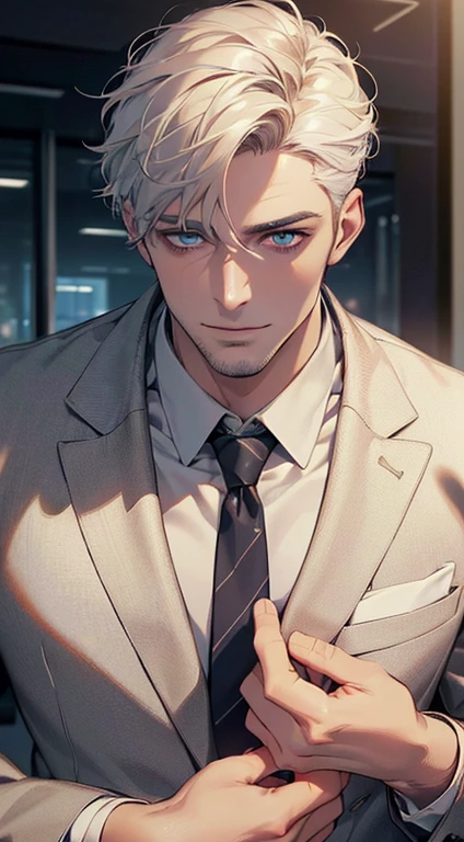(best quality,4k,8k,highres,masterpiece:1.2),ultra-detailed,(realistic,photorealistic,photo-realistic:1.37),1 man,31 years old,mature man,very handsome,without expression,smile,short white hair,blue eyes,penetrating gaze,perfect face without errors,imposing posture,businessman,office background,cinematic lighting,hdr image