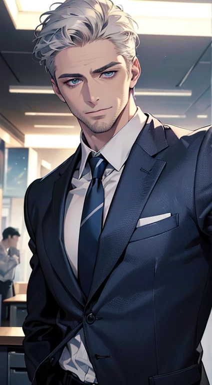 (best quality,4k,8k,highres,masterpiece:1.2),ultra-detailed,(realistic,photorealistic,photo-realistic:1.37),1 man,31 years old,mature man,very handsome,without expression,smile,short white hair,blue eyes,penetrating gaze,perfect face without errors,imposing posture,businessman,office background,cinematic lighting,hdr image