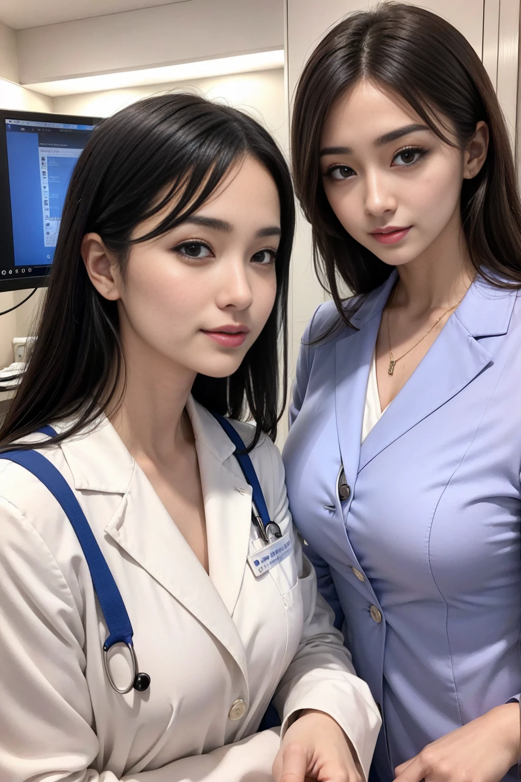 Realistic cosmetic doctor、Stunningly beautiful、Doctor's white coat, Collared shirt、(quality、8K、32k、masterpiece、North African Trade Zone:1.3)、Ultra-high resolution,(Reality:1.4),Original Photography, Detailed face,,Beautiful hair, ((Doctor style)),,((Leg length)), (Thigh gap:1.5), , Black tight skirt、 Natural Makeup,, full、Inside the hospital, Detailed background, perfect ligthing, Depth of Field, Beautiful shadow gradient,Stethoscope ,