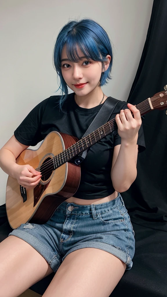 ((best quality)), photorealistic, photorealism, Photorealistic, high resolution, ((Wearing black shirt, short pants))、smile、A superb beauty、Super cute、ennui、Rare beauty、Very Short hair、Black Dark Eyeshadow、Sad、white skin、pale skin, Very short hair layered、Cute Makeup、Cute Smile、Fragrant beauty、Music studio background、Mastepiece、Best Quality、Refers to 5 books、Sweat glistening on my chest、Sweat glistening on my face、Medium breasts、Blue hair、Age 20 years old、Mysterious look、A sad expression、Blue Hair、Glamorous music studio、Sweating profusely all over the body、Plenty of sweat glistening on the thighs、A large amount of sweat glistens on my thighs、Sweating profusely、Gal、Medium breasts、Beautiful face、Alluring expression、Sitting、Sitting playing guitar、Thick thighs、Playing guitar、I have a guitar、Sing a song enthusiastically、Playing guitar in a band、Rock band、Playing guitar chords、Live House Background、Sing a song、Open your mouth、Live house scenery、Glamorous live stage、Dynamic Angle