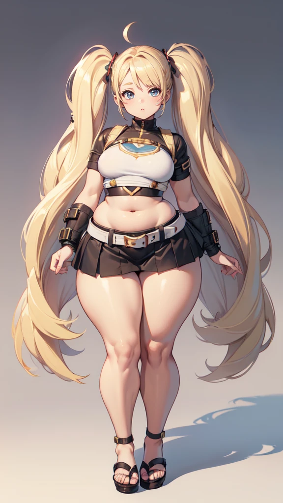 blank background, (((full body))), (masterpiece), ((best quality)), (very short girl), flat chest, short twintail, (wide hips:1.4), (thick thighs:1.5), (very short skirt), sandals, belt below navel, fanny packs, blonde