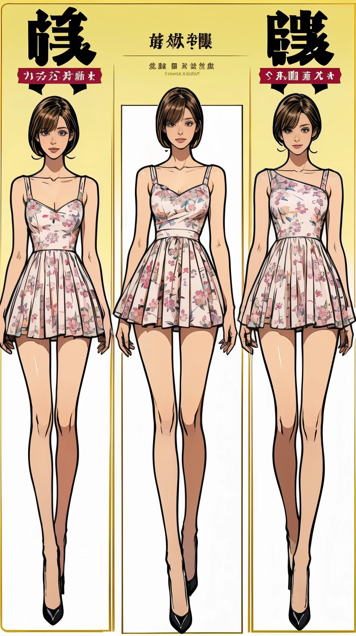 ((masterpiece)),(((Highest quality))),((Character design sheet)),Thin thighs,Long legs,whole body:1.5,(One Girl:1.3),(Skin-colored pantyhose and thick pointed high heels:1.3),(Wearing a floral dress:1.2),Short blonde:1.2、Model pose,