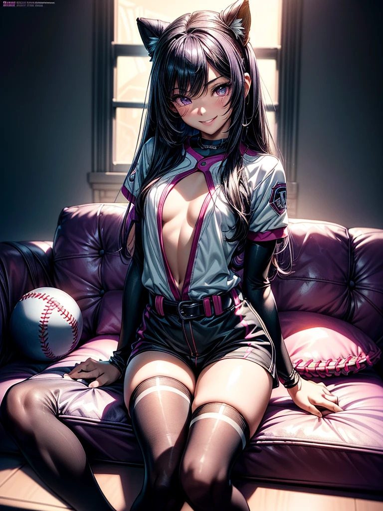 (masterpiece)(8k)(from above)( girl)(1girl:1.5)(solo:1.8)(long, straight hair:1.5)(black hair:1.3)(skinny and build:1.4)(flat chest:1.8)(purple pupils:1.4)(glossy skin:1.4)(glossy lips:1.3)(baseball jersey:1.6)(gym shorts:1.3)(knee high socks:1.4)(grinning:1.5)(mischievous:1.4)(laying on couch:1.5)(potato chips)(snacks)(soda bottles) rossdraws pastel vibrant, rossdraws cartoon vibrant, style anime 8k, beautiful portrait, artgerm colorful!!!, ! dream artgerm, beautiful anime girl, styled digital art, art wallpaper 8k, digital art, extremely detailed artgerm,