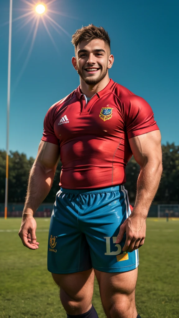 NickEh30 youtuber as rugby player ,Full body, sport tight pants,man with rugby esportive iridescent uniform, Black short hair fade , captivating large openned smile, shaved NickEh30 face, very happy, sun light, youtuber NickEh30 wearing team rugby uniform, muscular ?????, long hairy legs, left neck look, wide shoulders, nice detailed hands, field rugby bokeh background, colorful golden-hour vivid colors.