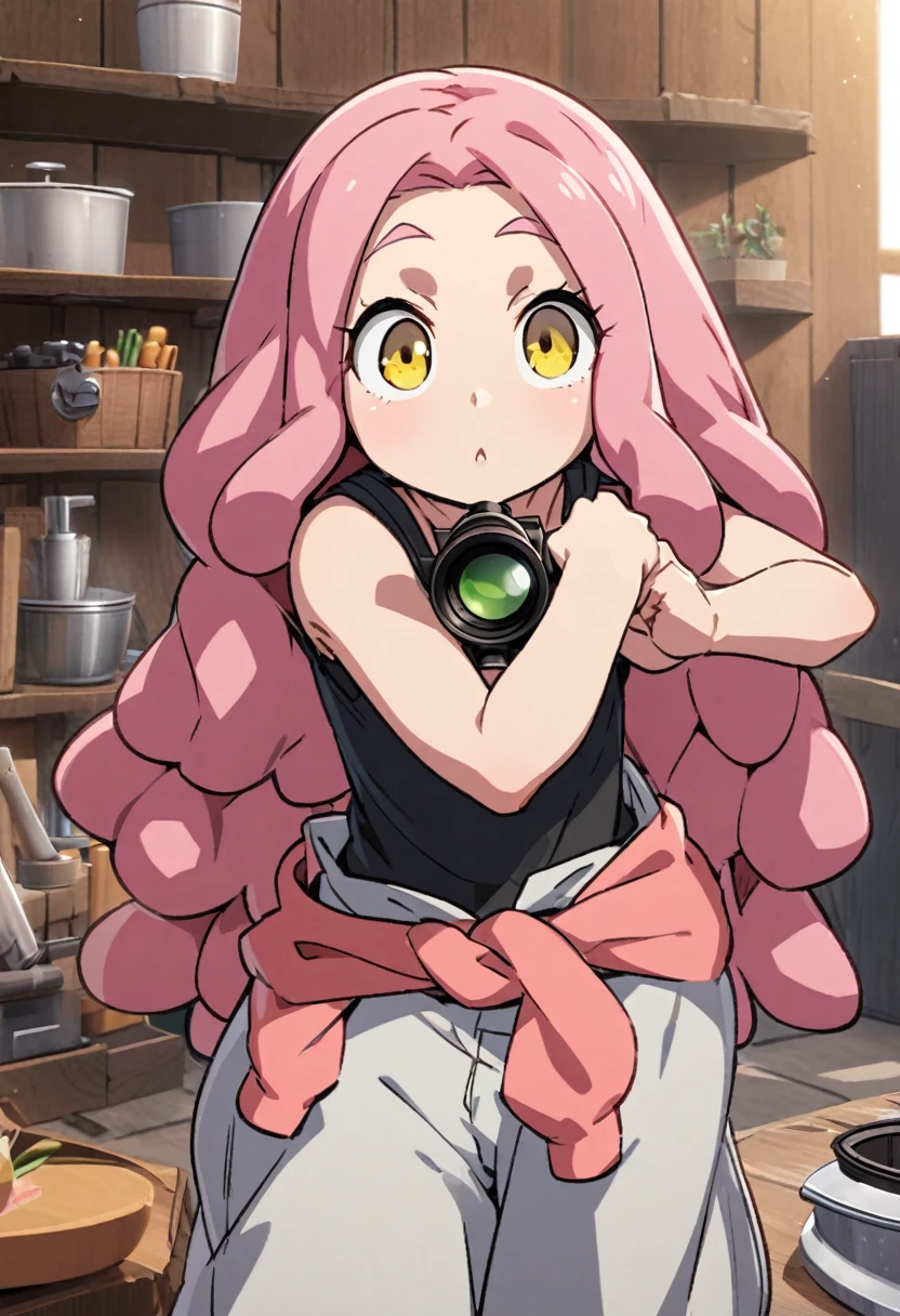 Mei Hatsume is a short girl with a rather mature physique. She has salmon pink hair that is styled into dreadlocks, often reaching to her shoulders. Mei also has a pair of yellow eyes with cross-sign irises, making her eyes resemble a pair of scope lenses.  and Her attire consists of a plain black tank top with workshop coveralls tied casually around her waist,