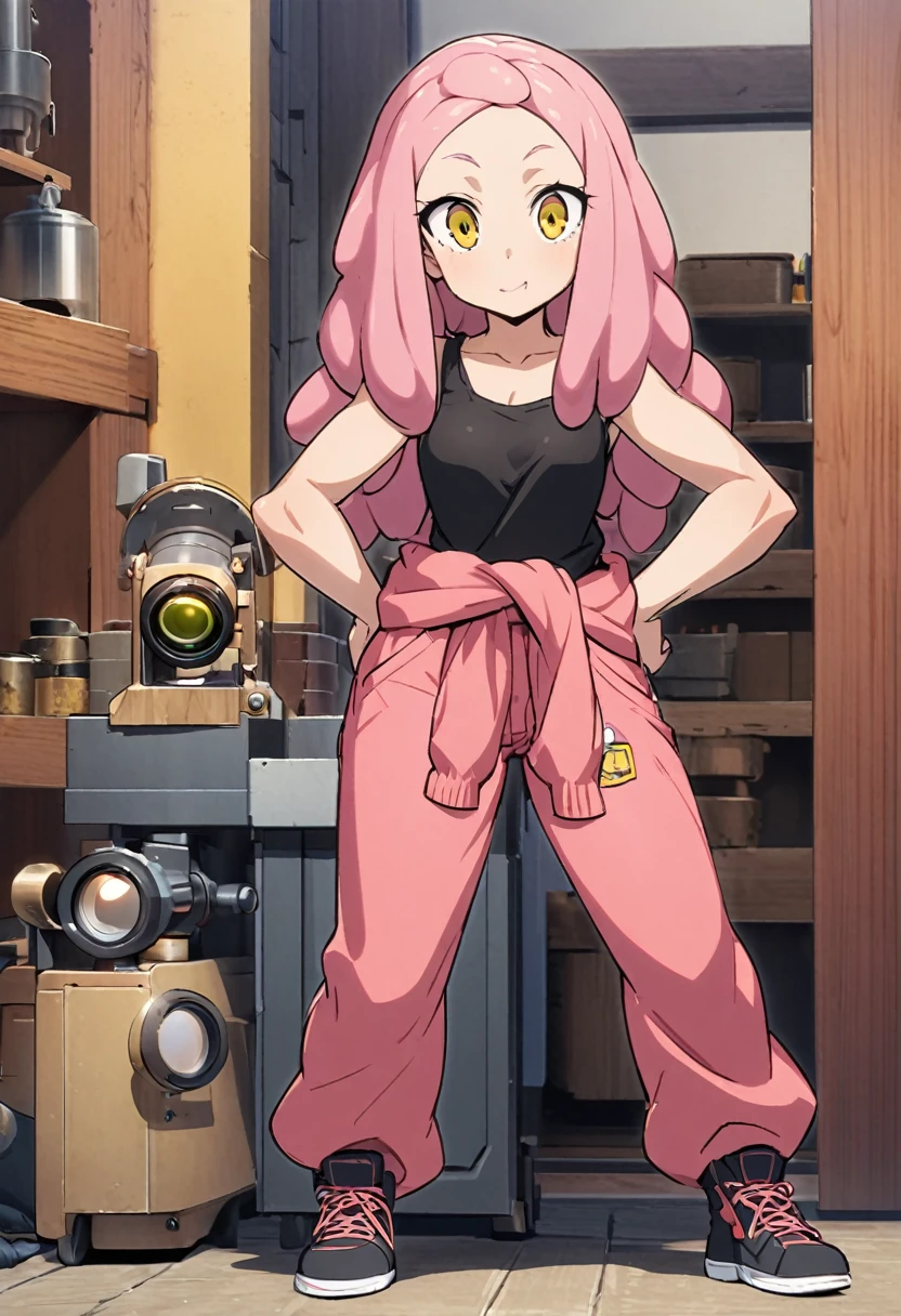 Mei Hatsume is a short girl with a rather mature physique. She has salmon pink hair that is styled into dreadlocks, often reaching to her shoulders. Mei also has a pair of yellow eyes with cross-sign irises, making her eyes resemble a pair of scope lenses.  and Her attire consists of a plain black tank top with workshop coveralls tied casually around her waist,