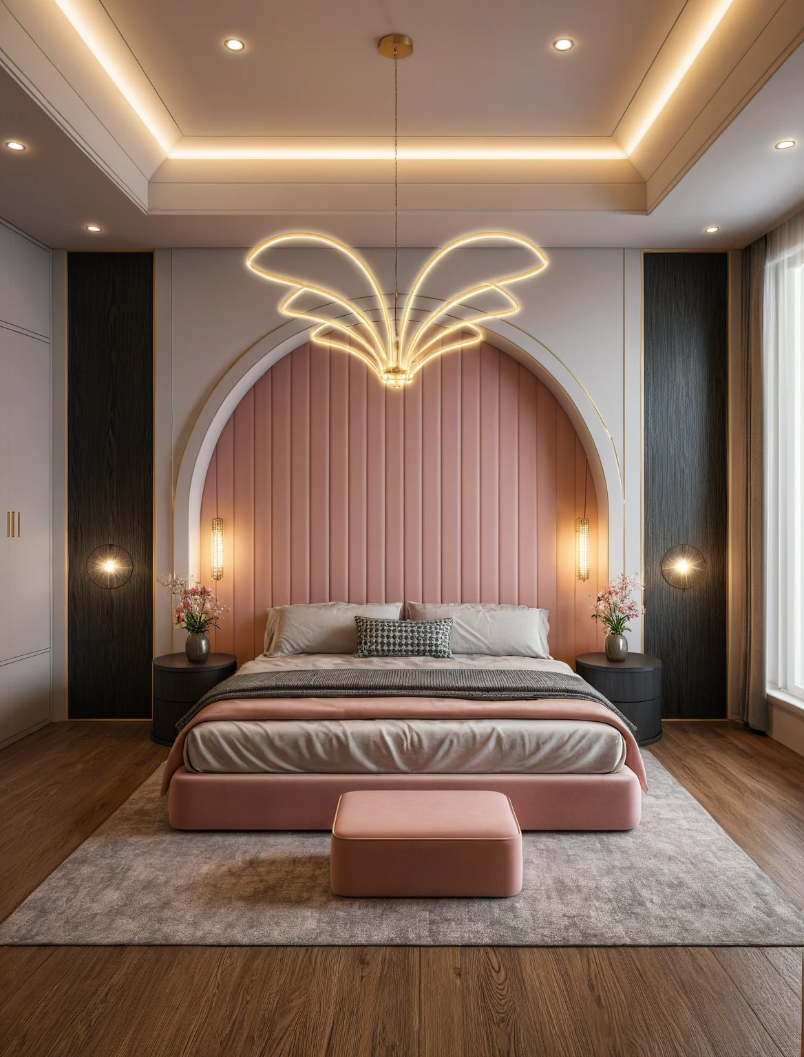 Raw photo,Masterpiece, high quality, best quality, authentic, super detail, interior, ((girl's bedroom)), ( style modern luxury), sunset, day light, bed, carpet, curves, bedside cabinets, wood floor ,wardrobe, led, flower vase, butterfly chandelier , windows, downlight, pink and black tones