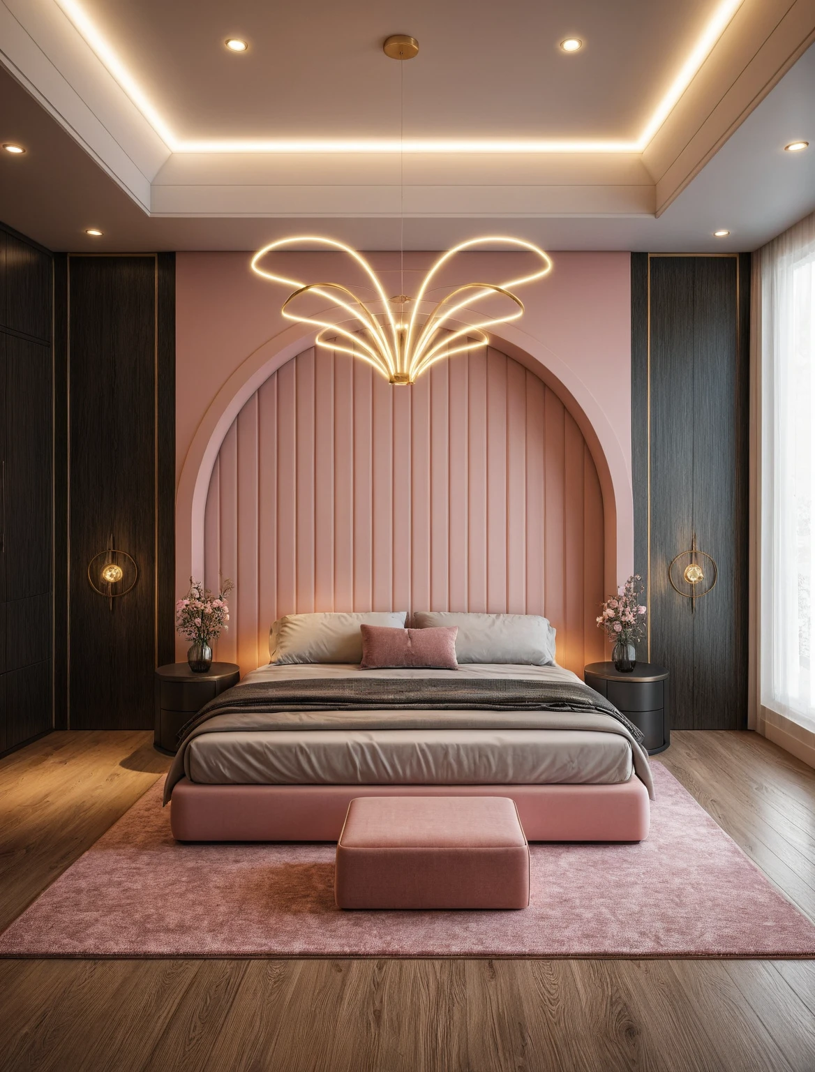 Raw photo,Masterpiece, high quality, best quality, authentic, super detail, interior, ((girl's bedroom)), ( style modern luxury), sunset, day light, bed, carpet, curves, bedside cabinets, wood floor ,wardrobe, led, flower vase, butterfly chandelier , windows, downlight, pink and black tones