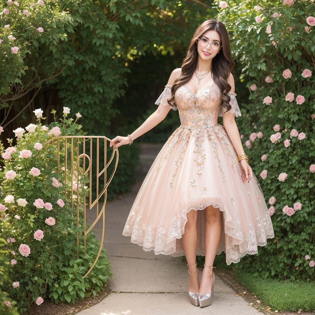A very beautiful and stylish Iranian lady in a lace dress with a rose design, with long light brown hair, beautiful glasses and shiny brown high-heeled women's high-heeled shoes, with a charming smile, light pink nail polish, a heart-shaped necklace and a golden bracelet, in a garden of  Beautiful roses, holding a shiny metal heart with a combination of gold and silver colors and a shiny wreath, that shine in the sunlight.