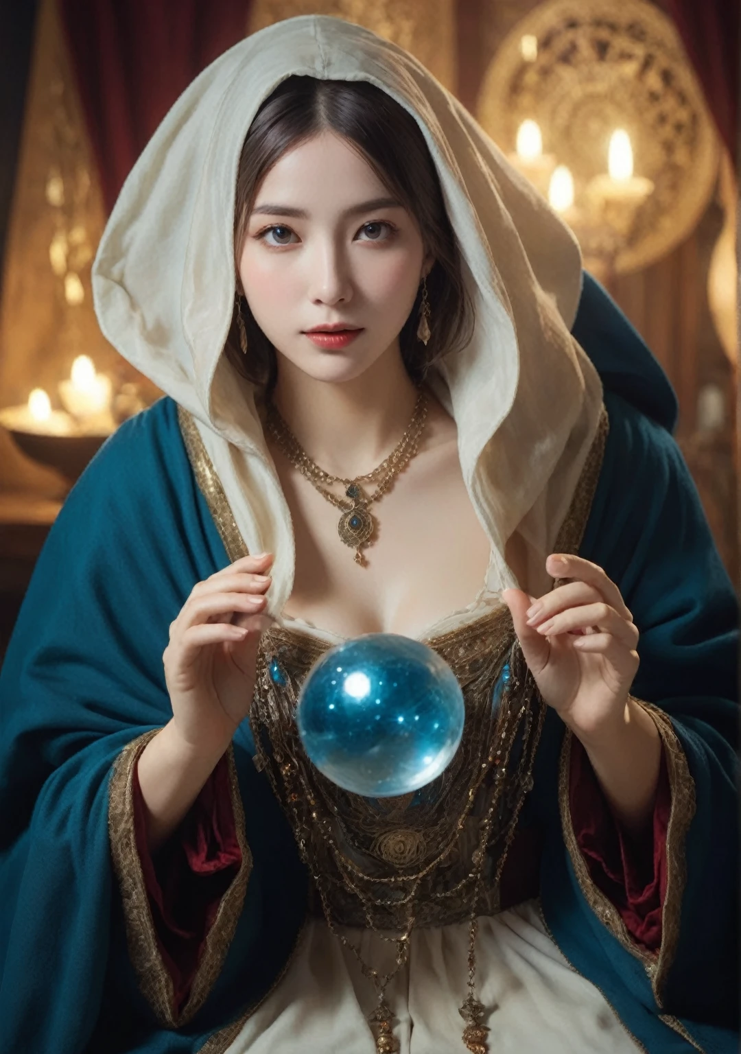 Body orientation: frontal. Female fortune teller. Charming, beautiful and mysterious. She wears a blue cloak and has a clear face. The atmosphere is bright and glittering, full of anxiety and anticipation. The fortune teller is standing. He holds a crystal ball in each hand. The lighting in the room is bright, creating a fantastic atmosphere. Top picture quality, 4K or 8K resolution. The level of detail is very fine and realistic, almost photorealistic. Emphasis on mystical and mysterious themes. The fortune teller's cloak is decorated with metal edging and intricate designs with a thickness ratio of 1.5. The overall atmosphere is starry and fantastic. The expression on the fortune teller's face should arouse mystical interest.

Translated with DeepL.com (free version)