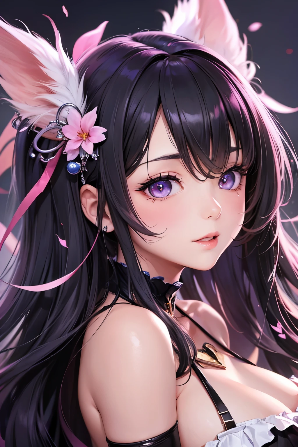 masterpiece,highest quality, Very detailed, High resolution, expensive resolution, High resolution, 4K, 8k, unity 8k wallpaper, Very detailed CG, masterpiece, 2D, 3D, Beautiful details, depth, Fine texture , highest quality: 1.3, Fully focused, Crispy.skin, .he,
Very cute anime girl 、idol, Large Breasts、Pink medium-long hair wearing expensive , Mole under the eye, looking at the viewer , expensive , blush, Mole, Lips parted, Pink Eyes, Heart-shaped choker smile