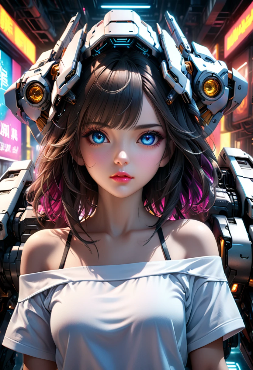 A photorealistic portrait of a beautiful 20-year-old girl wearing a white off-shoulder T-shirt, looking directly at the viewer, in a futuristic sci-fi setting with mecha elements, (best quality,4k,8k,highres,masterpiece:1.2),ultra-detailed,(realistic,photorealistic,photo-realistic:1.37),detailed eyes,detailed lips,extremely detailed face,long eyelashes,intricate mecha details,advanced technology,neon lights,cinematic lighting,vibrant colors,dramatic shadows