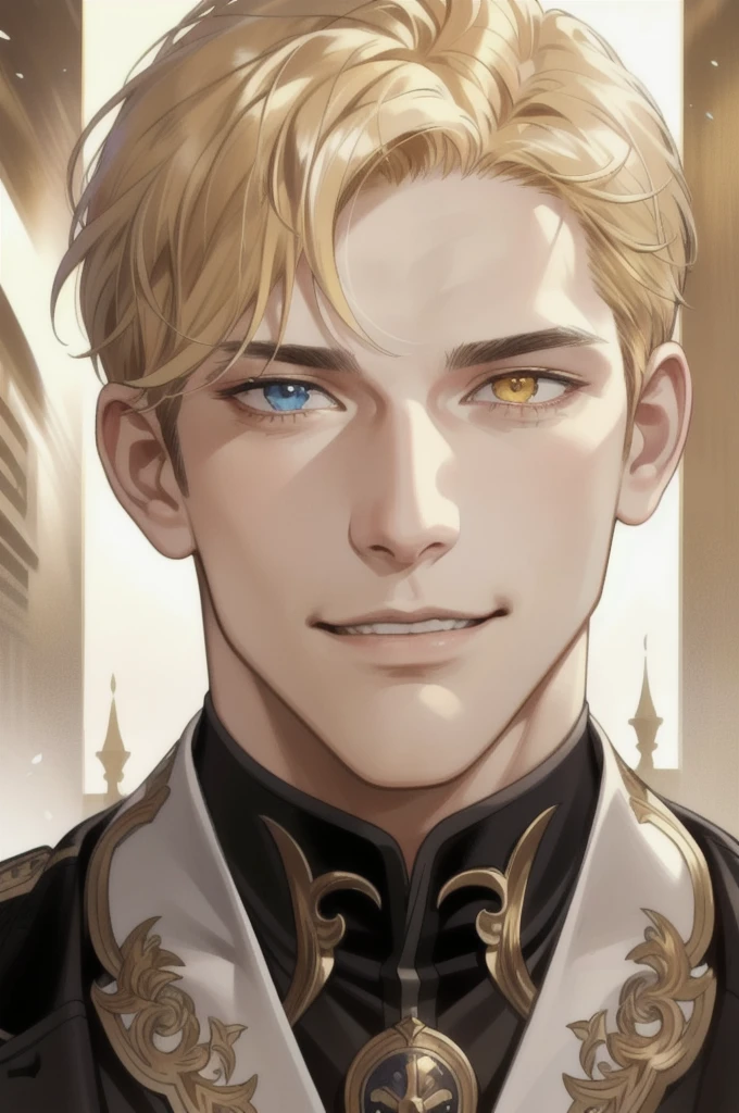 masterpiece, best quality, realistic, 1man, mature man, muscular tall, handsome, smile, closed mouth, portrait, extremely detailed face, (short hair), (golden hair), (heterochromia in eyes), cinematic lighting, dramatic shadows, intricate details, hyperrealistic, photorealistic, high resolution, hyper-detailed, sharp focus, vibrant colors