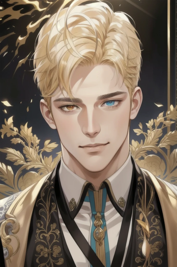 masterpiece, best quality, realistic, 1man, mature man, muscular tall, handsome, smile, closed mouth, portrait, extremely detailed face, (short hair), (golden hair), (heterochromia in eyes), cinematic lighting, dramatic shadows, intricate details, hyperrealistic, photorealistic, high resolution, hyper-detailed, sharp focus, vibrant colors