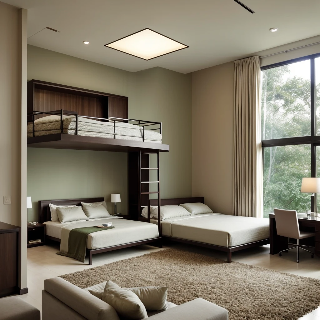Double-height ceiling bed with floor-to-ceiling windows. Outside, green screen. The bed is complemented by a contemporary luxury sofa in neutral colors. The room's color palette consists of dark brown tones, with soft lighting from a night lamp adding to the cozy atmosphere. On the study table there is a 21 inch computer screen, adding comfort and entertainment for the occupants.