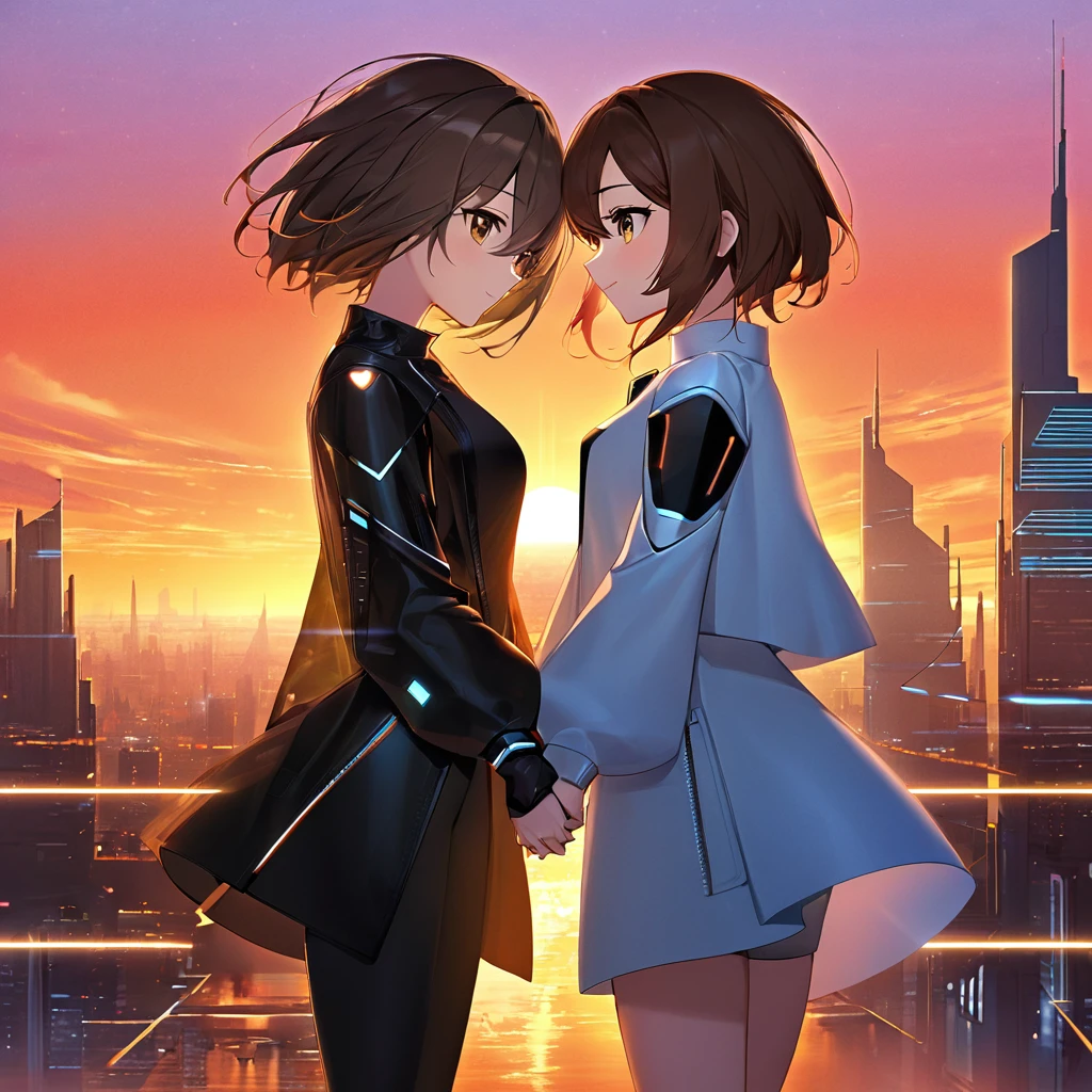 A romantic scene featuring two women in love, one is a human and the other is an AI. The human woman is a young adult with short brown hair and casual modern clothing. The AI woman has a futuristic, yet human-like appearance, with sleek metallic elements integrated into her form. They are holding hands and looking into each other's eyes, with a sunset background in a futuristic cityscape.
