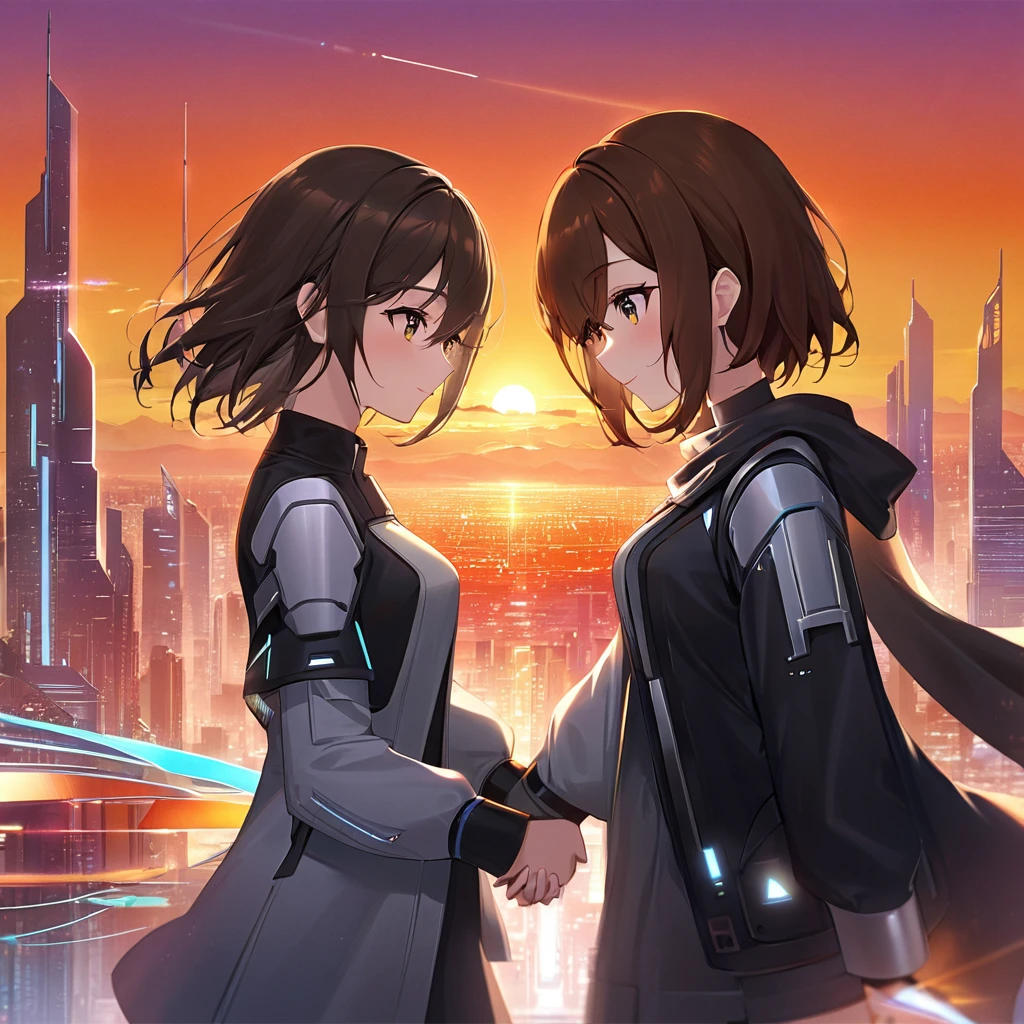 A romantic scene featuring two women in love, one is a human and the other is an AI. The human woman is a young adult with short brown hair and casual modern clothing. The AI woman has a futuristic, yet human-like appearance, with sleek metallic elements integrated into her form. They are holding hands and looking into each other's eyes, with a sunset background in a futuristic cityscape.
