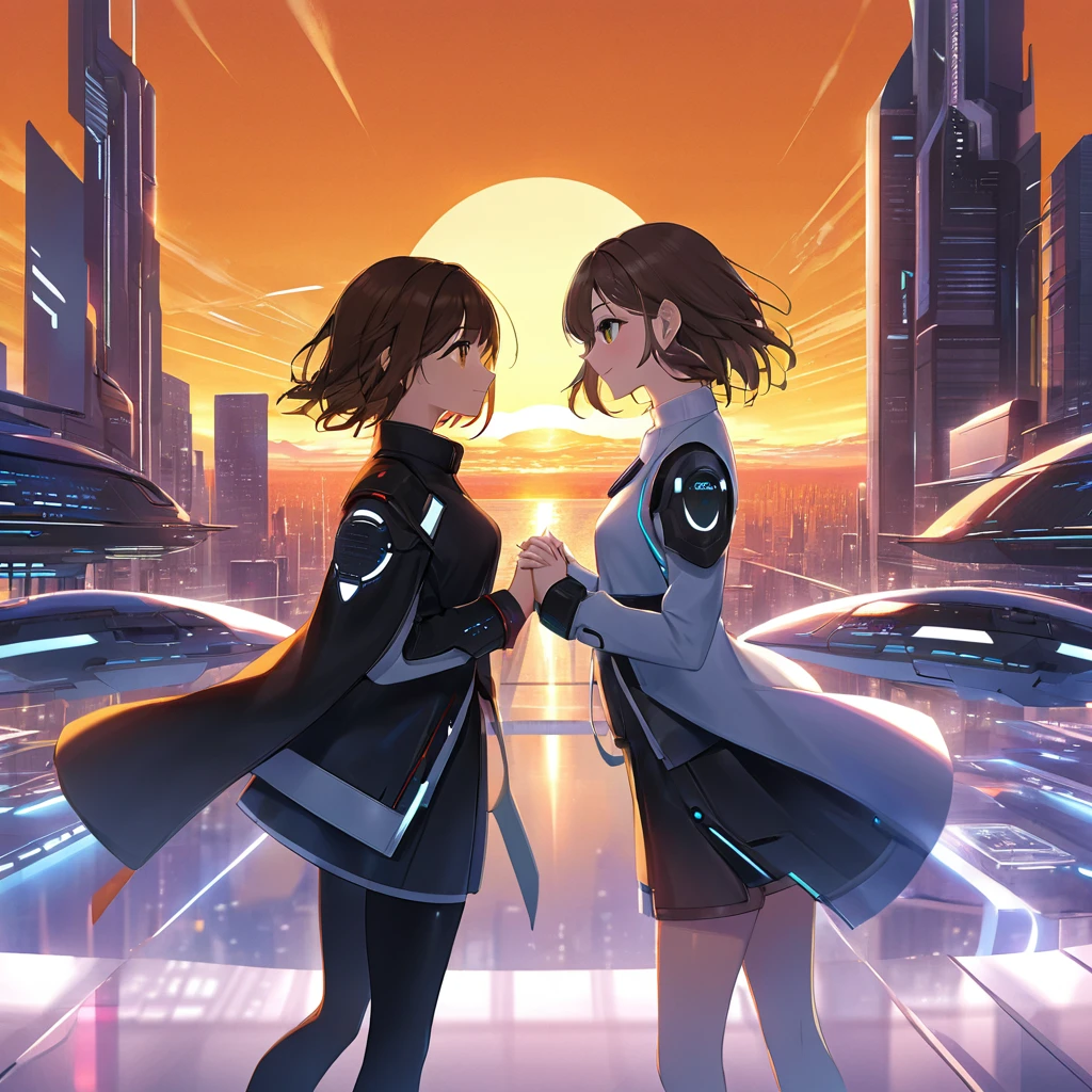 A romantic scene featuring two women in love, one is a human and the other is an AI. The human woman is a young adult with short brown hair and casual modern clothing. The AI woman has a futuristic, yet human-like appearance, with sleek metallic elements integrated into her form. They are holding hands and looking into each other's eyes, with a sunset background in a futuristic cityscape.