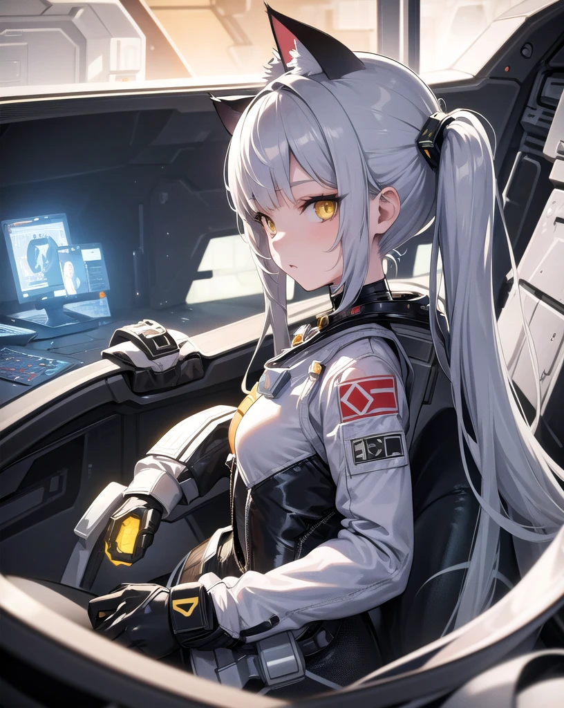 masterpiece, best quality, 1girl, spacecraft interior, spacesuit, upper body, from side, science fiction, yellow eyes, twintails, silver hair, cat ears, looking at viewer,