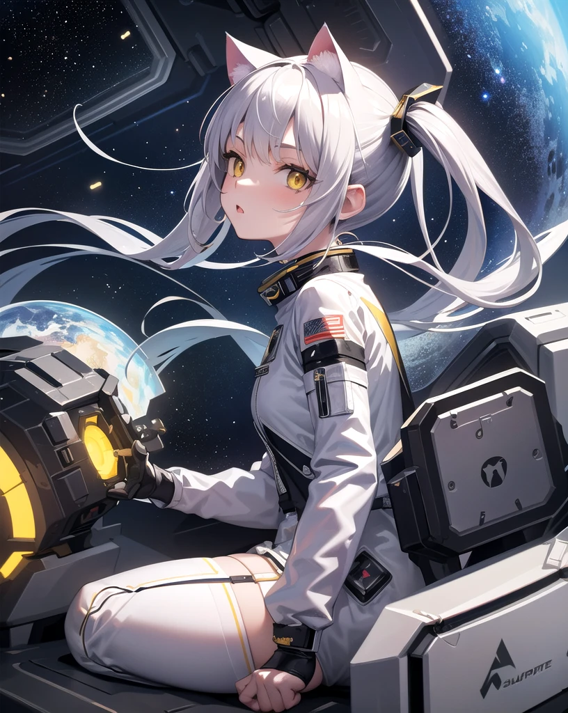 masterpiece, best quality, 1girl, spacecraft interior, spacesuit, upper body, from side, science fiction, yellow eyes, twintails, silver hair, cat ears, looking at viewer,