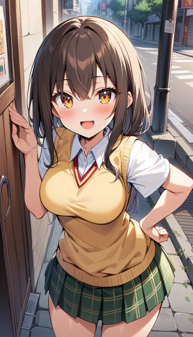 (Masterpiece, Best Quality:1.2), 1 girl, Alone,standing_to divide, Mikan Yuuki, Brown eyes, Brown hair, hair ornament,wide,green plaid skirt, Sainan High , , White shirt, yellow sweater vest, traditional street, pose kawaii, happy face

