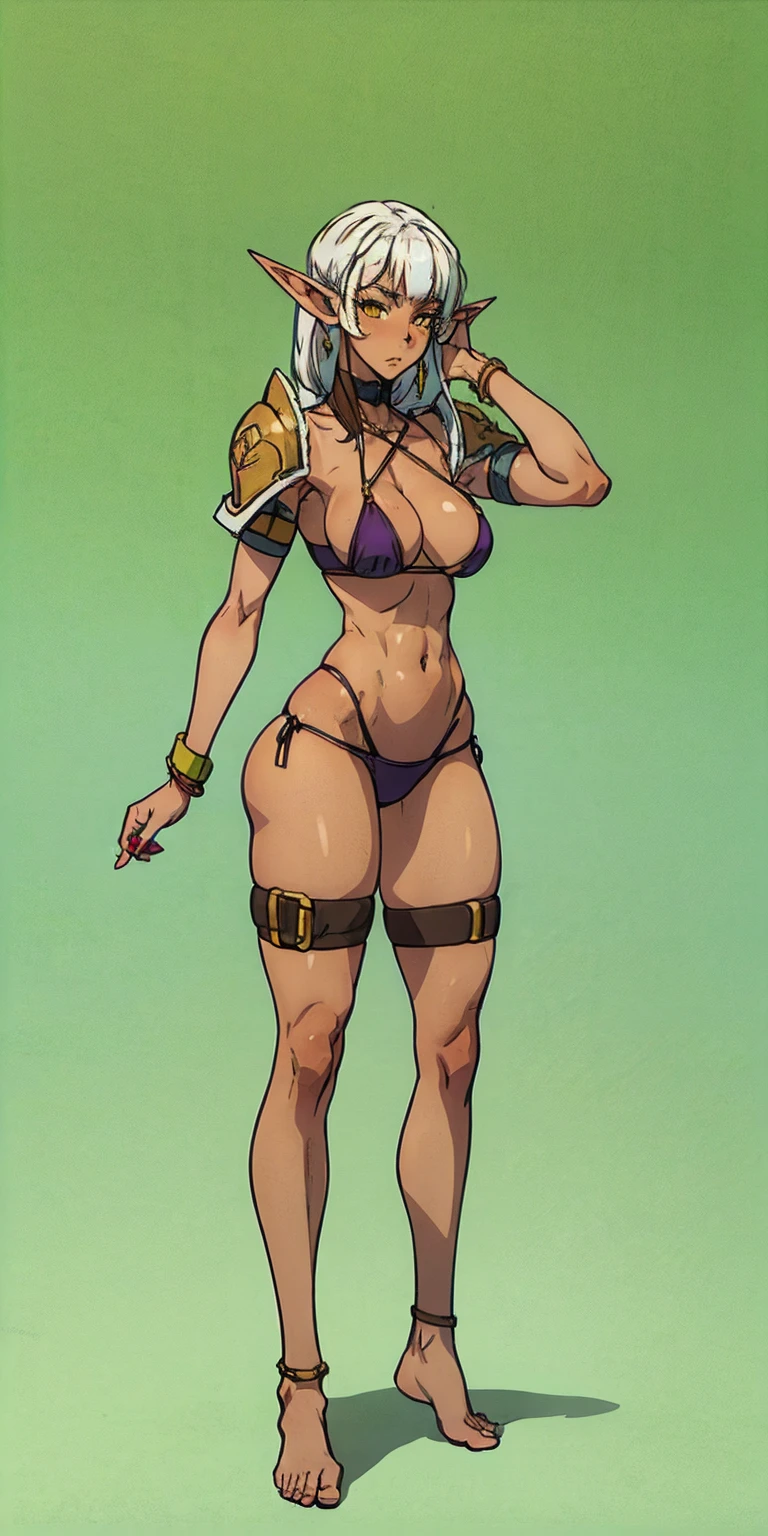 (Masterpiece, plain background:1.2) female full body, standing, rights, symmetrical, Feet together, dark blood elf, Dark skin, long messy white hair, short elf ears, ring, yellow eyes, 1990s (Style), woman 1sologirl slingshot micro bikini, barefoot, wifes desnudas, shackle bracelets, Bracers, wifes, metal shoulder pads