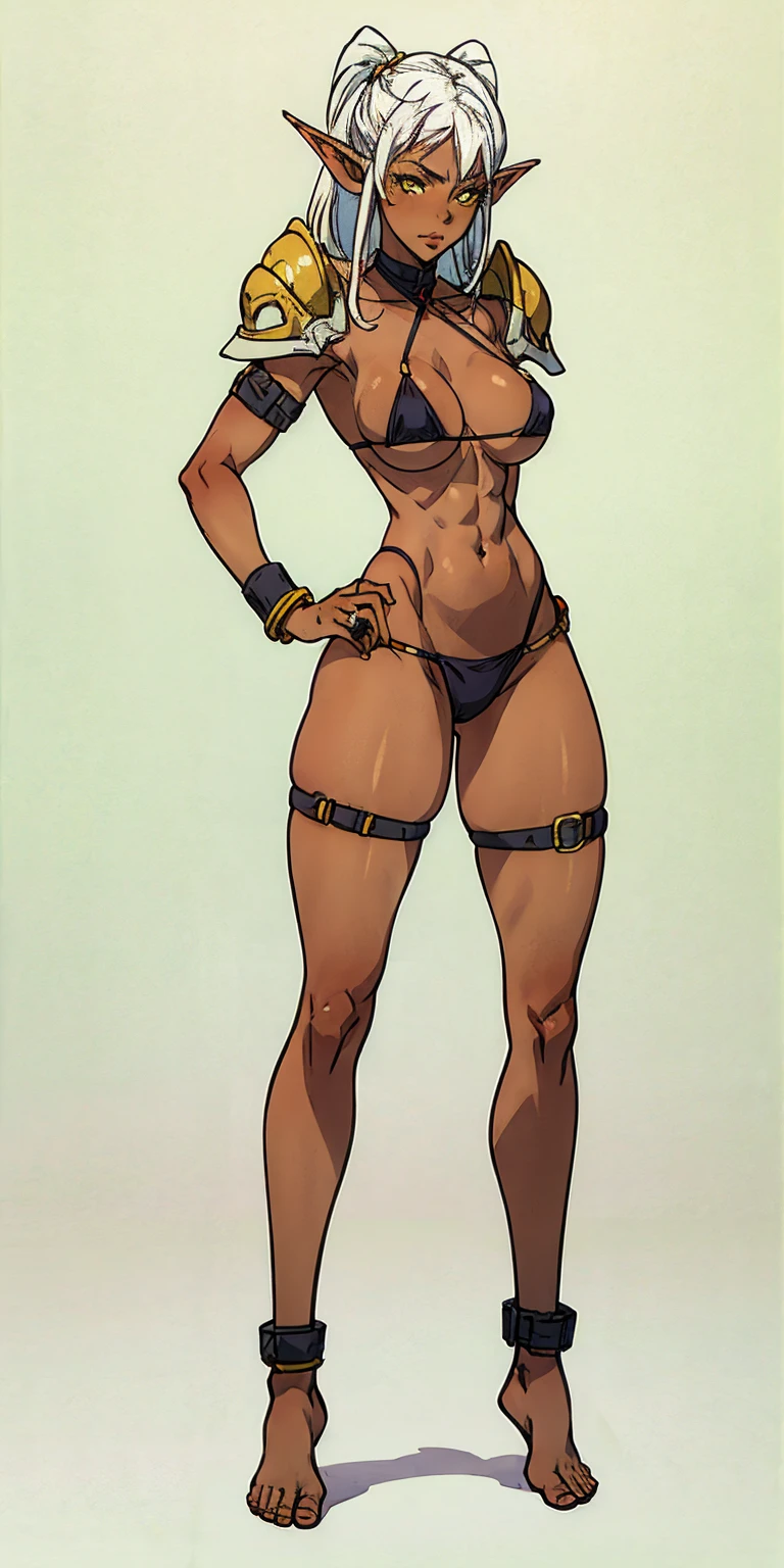 (Masterpiece, plain background:1.2) female full body, standing, rights, symmetrical, Feet together, dark blood elf, Dark skin, long messy white hair, short elf ears, ring, yellow eyes, 1990s (Style), woman 1sologirl slingshot micro bikini, barefoot, wifes desnudas, shackle bracelets, Bracers, wifes, metal shoulder pads