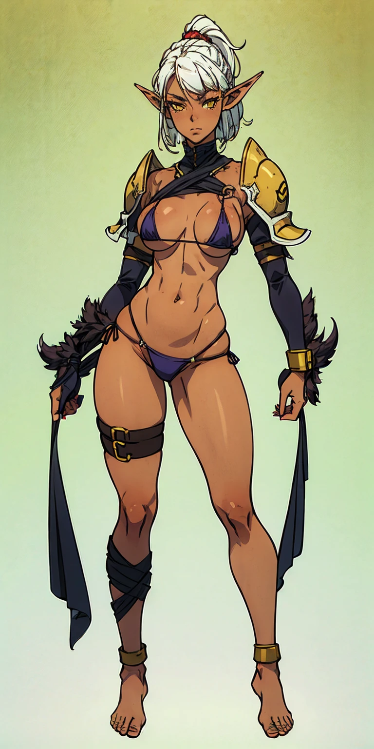 (Masterpiece, plain background:1.2) female full body, standing, rights, symmetrical, Feet together, dark blood elf, Dark skin, long messy white hair, short elf ears, ring, yellow eyes, 1990s (Style), woman 1sologirl slingshot micro bikini, barefoot, wifes desnudas, shackle bracelets, Bracers, wifes, metal shoulder pads